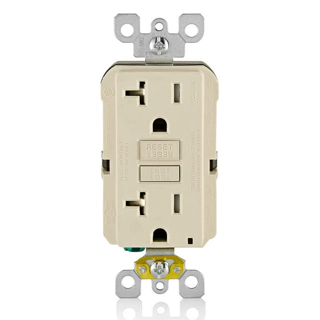 Salida GFCI Leviton de 20 amperios, autocomprobación, resistente a manipulaciones, color almendra claro