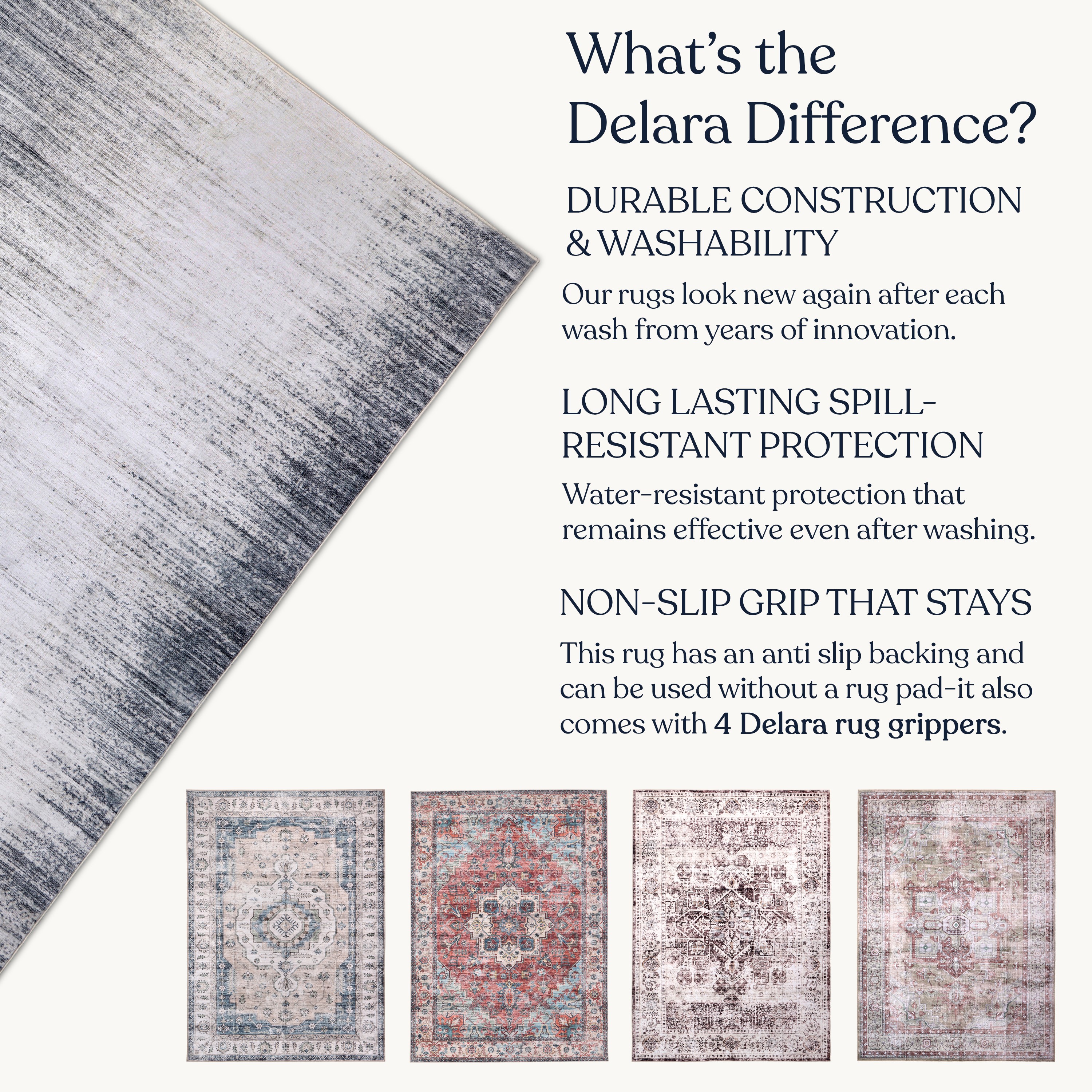 Delara 3'x5' Machine Washable Area Rug, Soft & Durable, Non-Slip, Stain Resistant, Emily, for Bedroom, Living & Dining Room