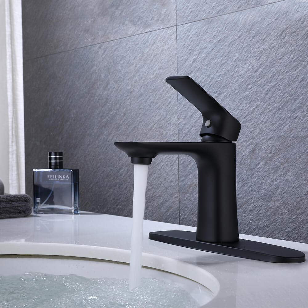 Modern Brass Single Handle Bathroom Faucet with Deck Plate and Hot
