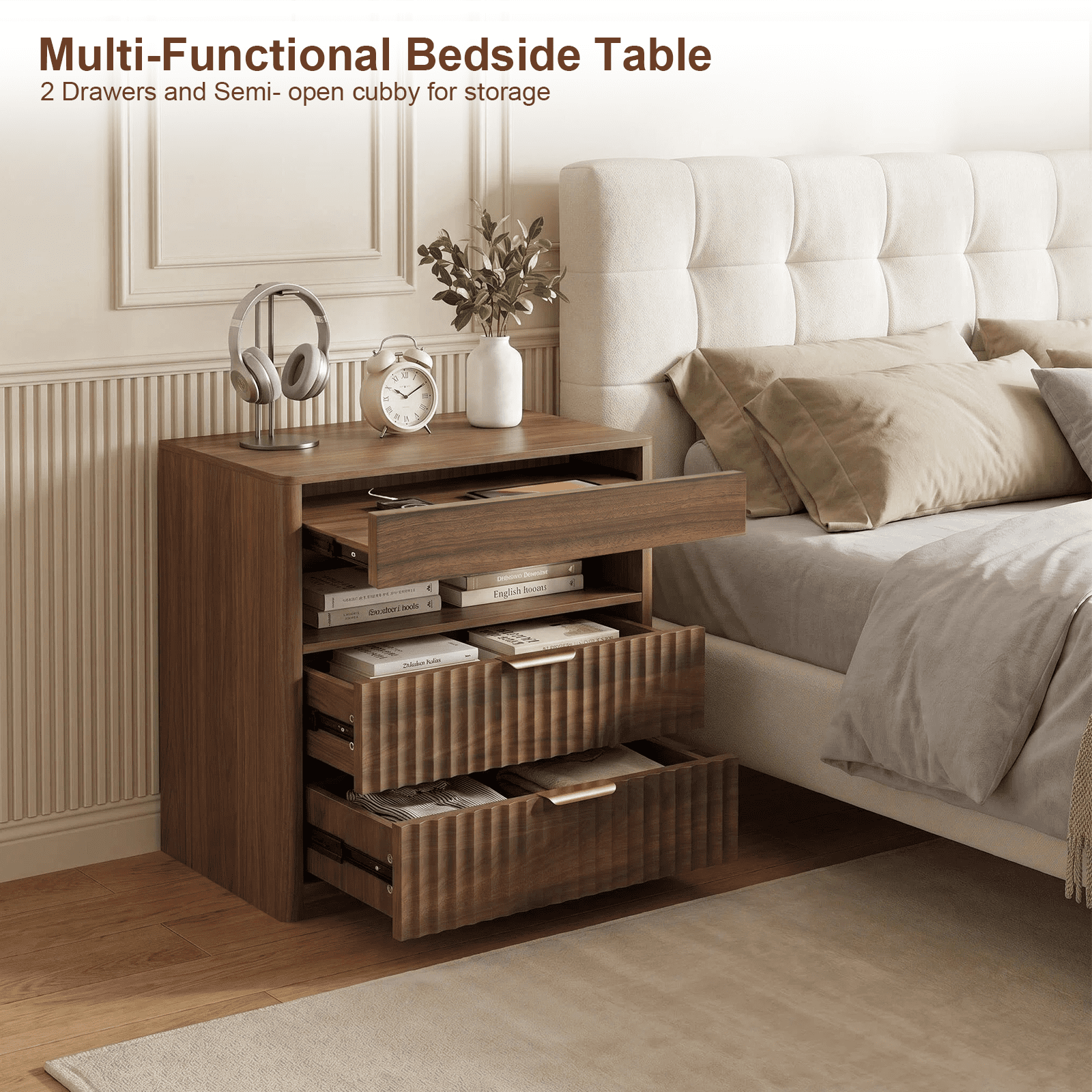 Stretchable Nightstand with Hidden Outlet 15.7x15.7x23.6 Inch Double Drawers for Bedroom Living Room