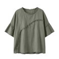 thumbnail image 6 of Lenpel Cotton Linen Shirts for Women Crew Neck Half Sleeve Boho Tops Casual Vintage Frayed Blouses Beach Vacation Clothes, 6 of 6