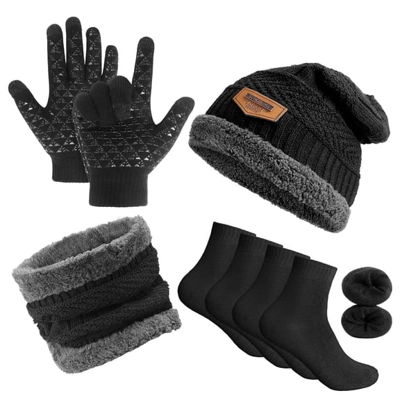 Bocaoying 5 Pcs Winter Hat Scarf Gloves Set, Winter Fleece Lined Beanie Hat Scarf Sock Touchscreen Gloves Set for Men Women