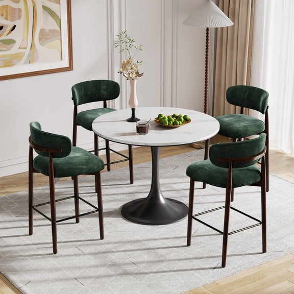 Bar Stools, Counter Height Bar Stools Set of 4, 26-Inch Green Linen Upholstered Kitchen Island Chairs with Backs, Wood Legs, Metal Footrest, 300 lb Capacity, Dining Room Home Bar