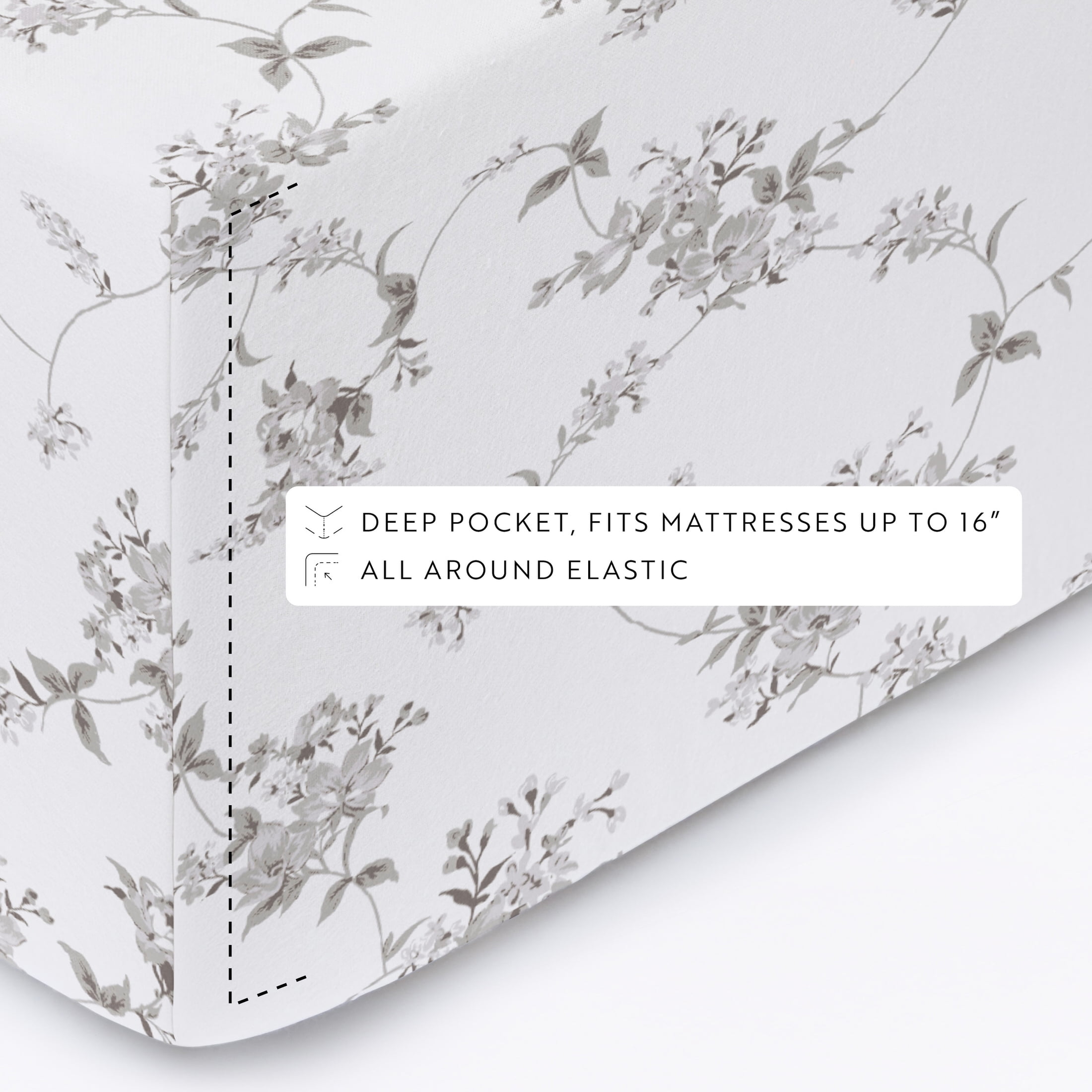 Gray Sylvan Rose 4 Piece 100% Cotton Flannel Deep Pocket Sheet Set, Full, by Noble Linens