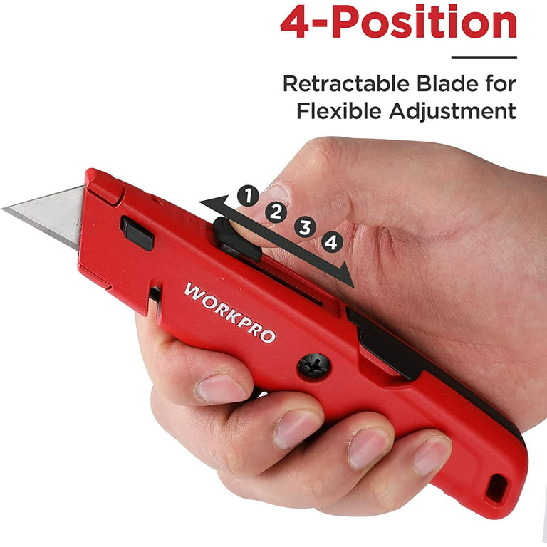 WorkPro Retractable Box Cutter, Quick Change Utility Knife with Extra Blade Storage - Heavy Duty Aluminum Razor Knife, Twine Cutter, Bonus SK5 Blades