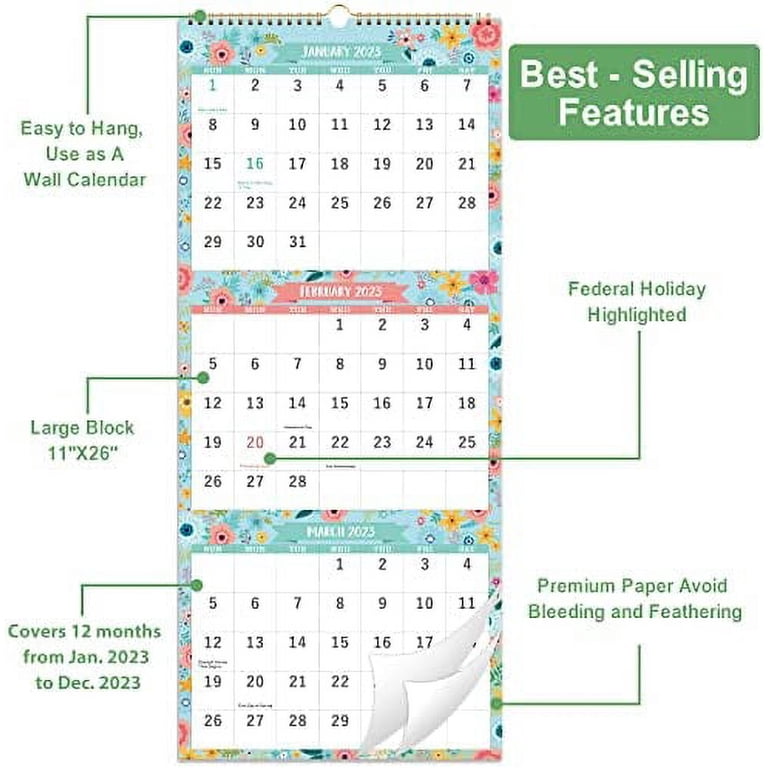 2023 Calendar - 3 Month Display Wall Calendar (Folded in one Month), 11.3"  x 26" (when opened), Jan 2023 - Dec 2023, Vertical Calendar with Thick  Paper, For Daily Organizing & Planning - Walmart.com