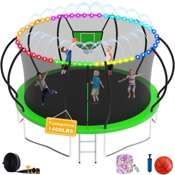 XMIKA 1400LBS Trampoline for Kids and Adults, 8 FT 10FT 12FT 16FT 14FT Trampolines with Enclosure Net, Basketball Hoop, Light, Sprinkler, Outdoor Backyard Heavy Duty Trampoline, Curved Design