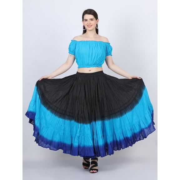 Wevez Professional ATS Dancers 32 Yards Full Cotton Skirt (Black/Turquoise/Blue)