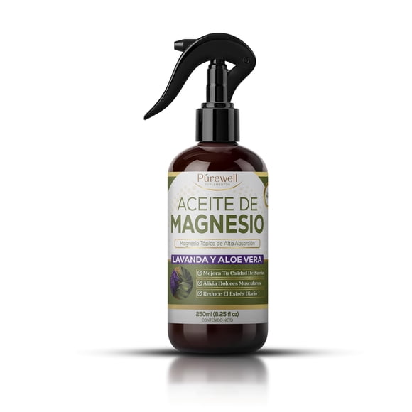 Aceite de Magnesio para Pies en Spray con Aceites Esenciales Purewell - Cloruro de Magnesio Puro de Alta Absorción Rápida para Uso Tópico en la Piel - Spray con Mini T