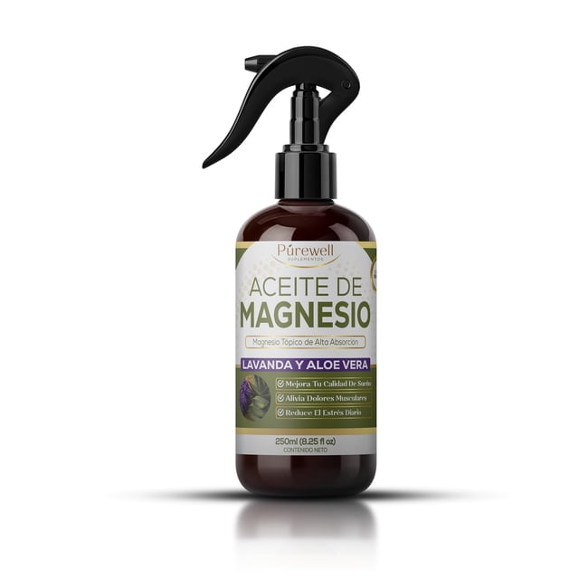 Aceite de Magnesio para Pies en Spray con Aceites Esenciales Purewell - Cloruro de Magnesio Puro de Alta Absorción Rápida para Uso Tópico en la Piel - Spray con Mini T