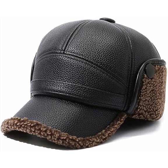 Men's Leather Hats Winter – Leather Dad Caps with Fur Lined Warm Baseball Cap, Adjustable Earflaps for Windproof Hunting(Brown)