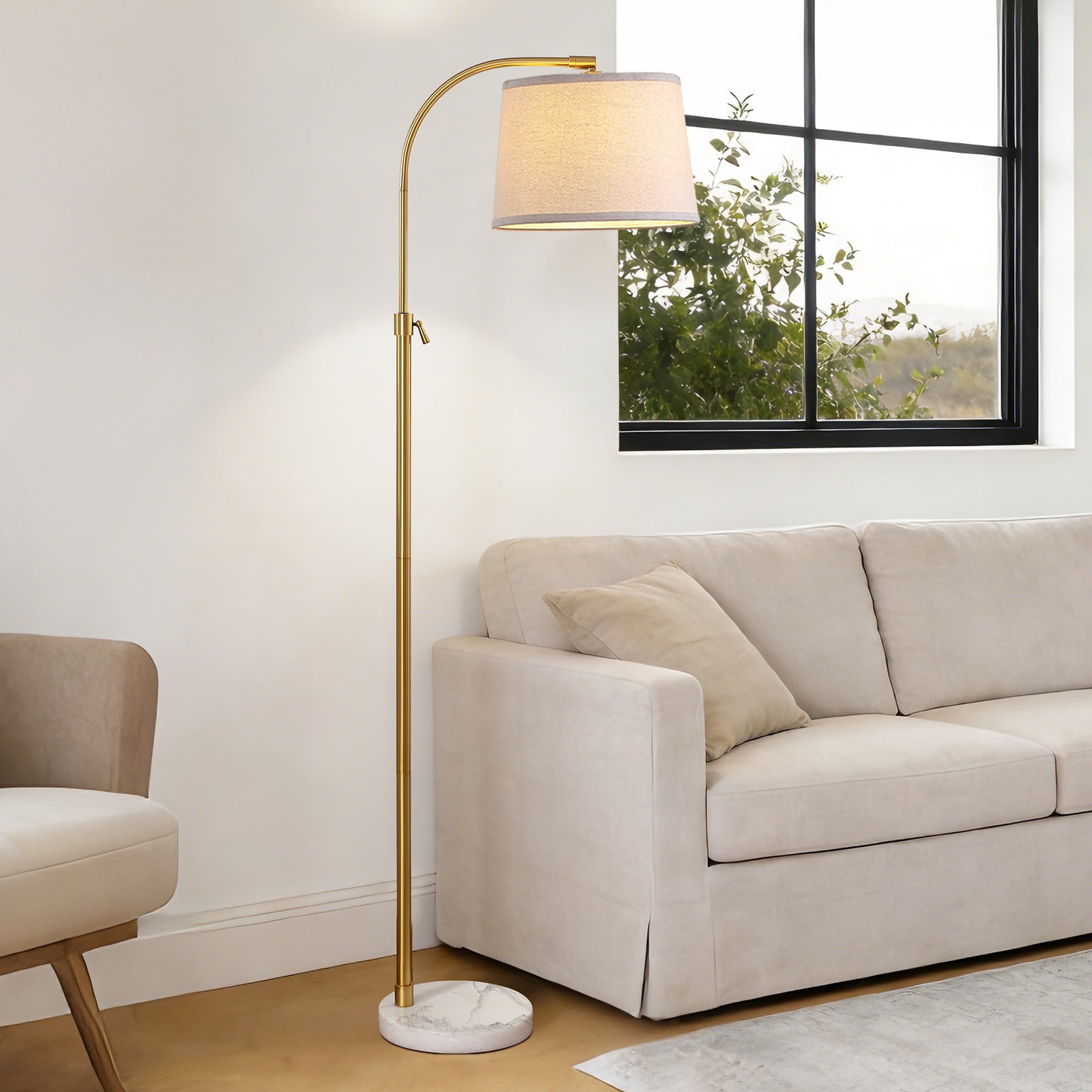 RORIA Modern Gold Floor Lamps,54-64”Height Adjustable Curved Standing Lamp,With a Linen Shade, Perfect for Bedrooms, Living Rooms, and Offices