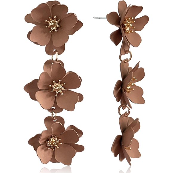 shiyou-Elegant Bohemian Matte Tiered Triple Flower Dangle Drop Earrings Chic Charm Cute Long Floral Stud Earrings for Women Girls Statement Jewelry Gifts