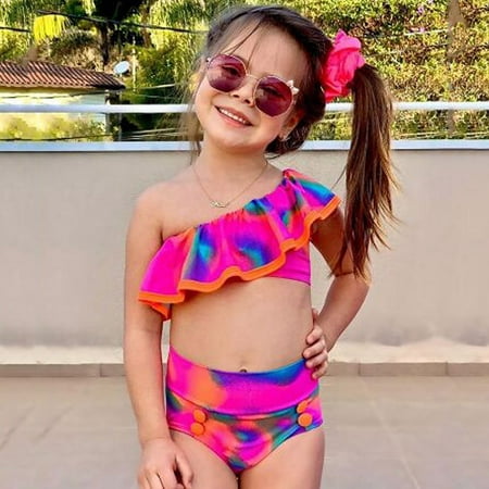 

Giligiliso Clearance Toddler Swimsuits Little Baby Girls Tie-Dye Ruffle Swimwear One Shoulder Bathing Suit Bikini Set