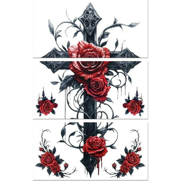 Rub on Transfer Sticker Furniture Crafts Decor 6"x12" Cross and Roses 3Pcs Waterproof UV DTF Transfer Sticker Lingerie Chests Drawer Dresser Glass Porcelain Wood Plastic