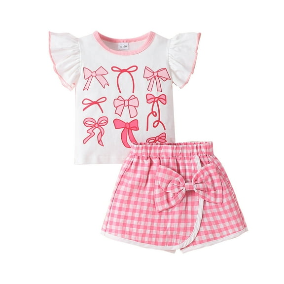 Bovxnpu Girls 2 Piece Outfits, Ruffle Short Sleeve Shirts Top and Short, Girls' Fashion Flying Sleeve Bow Printed Top Irregular Checkered Short Skirt Set 3-4 Years
