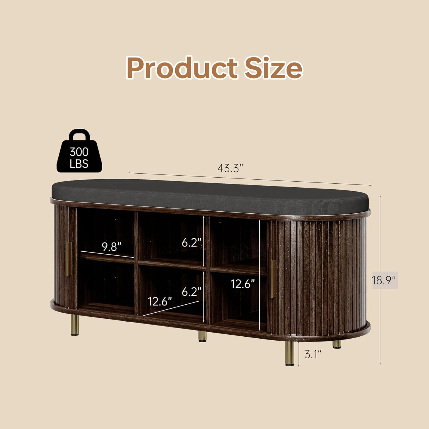 43.3" Storage Bench 2-Tier ,Wide Shoe Bench with Thickened Padded Seat Cushion, Fluted Sliding Door and Adjustable Shelf, for Entryway, Living Room, Bedroom, Dark Walnut