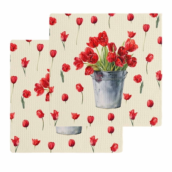 Red Tulip Flowers Kitchen Dish Towels for Drying Dishes Set of 2, Spring Floral Vintage Drum Country Yellow Waffle Weave Microfiber Hand Tea Bathroom Towels Quick Dry & Absorbent Towel 12x12