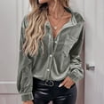 thumbnail image 5 of qelini Velvet Shirts for Women Long Sleeve Tops Basic Tee Solid Lapel Collared Button Down Dressy Formal Blouses with Pocket, 5 of 8