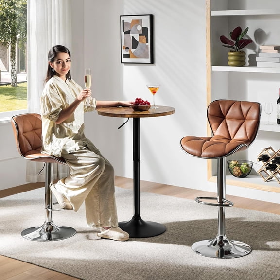 Adjustable Height Round Bar Table with Swivel Base, Rustic Brown MDF Top for Home Bistro Cafe