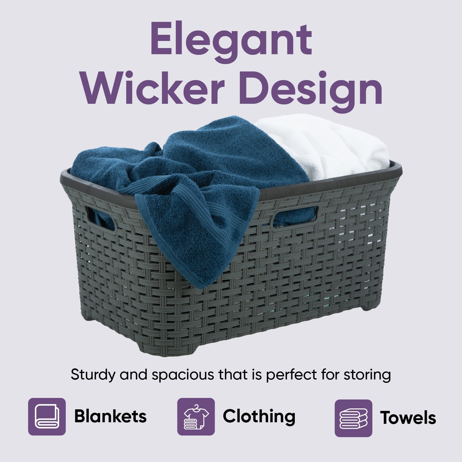 Superio  Large Wicker Laundry Basket with Cutout Carry Handles - Capacity: 50l Grey
