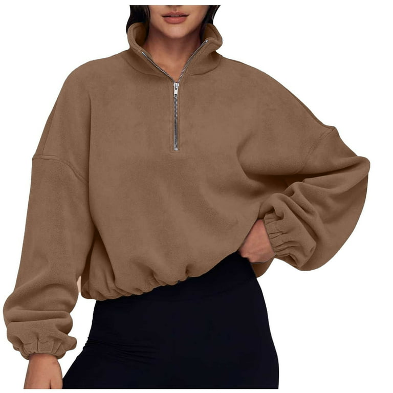 Lightweight Fleece Half Zip Pullover Crop Sweatshirts Womens Baggy Warm Long Sleeve Tops Plush Drawstring Sweaters X Large Brown Walmart