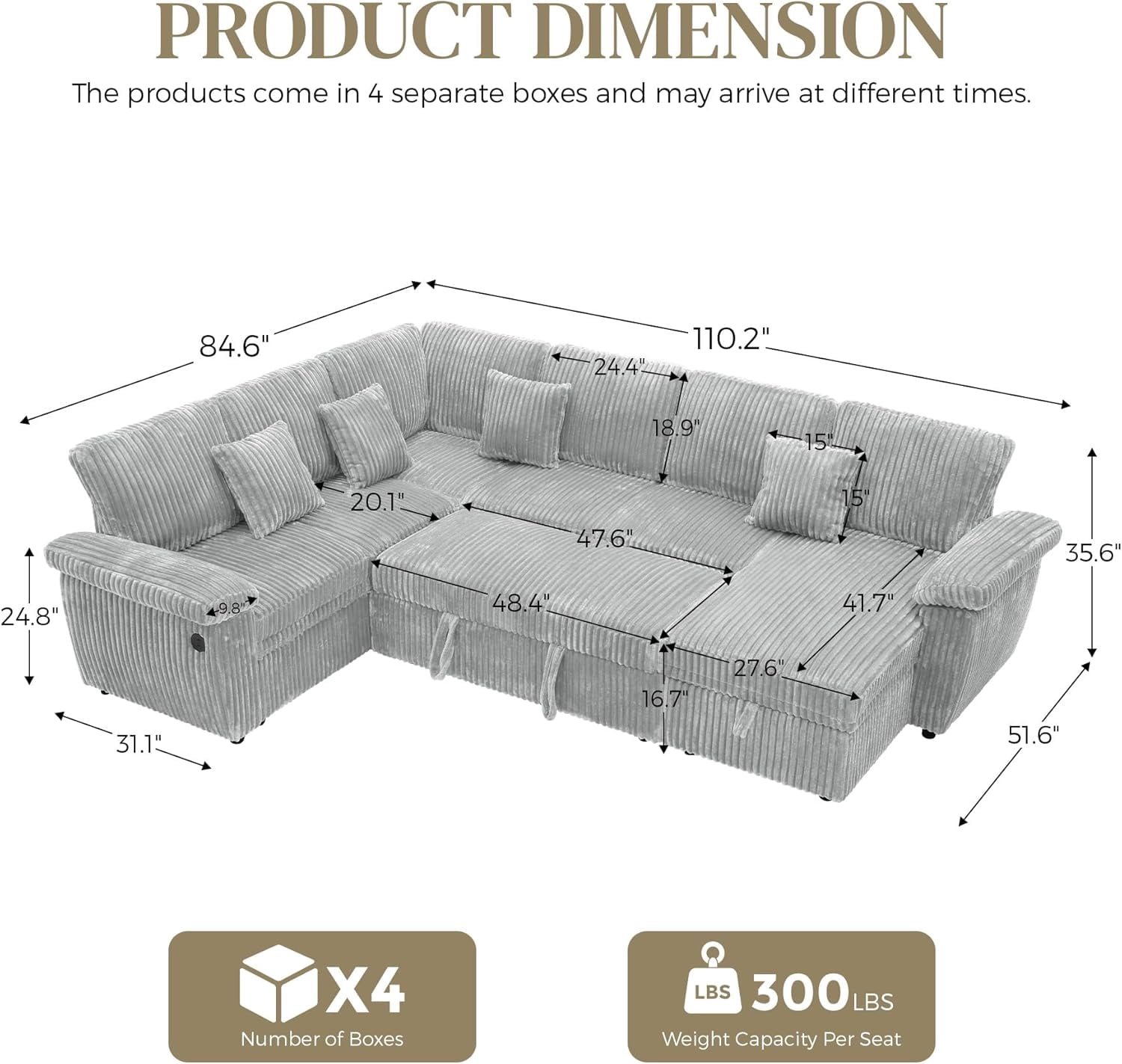 Howcool Modular Sectional Sleeper Sofa with Pull-Out Bed, U-Shaped Convertible 7-Seat Cloud Couch with Storage Chaise & USB Charging, Plush Corduroy Sectional for Living Room,Grey