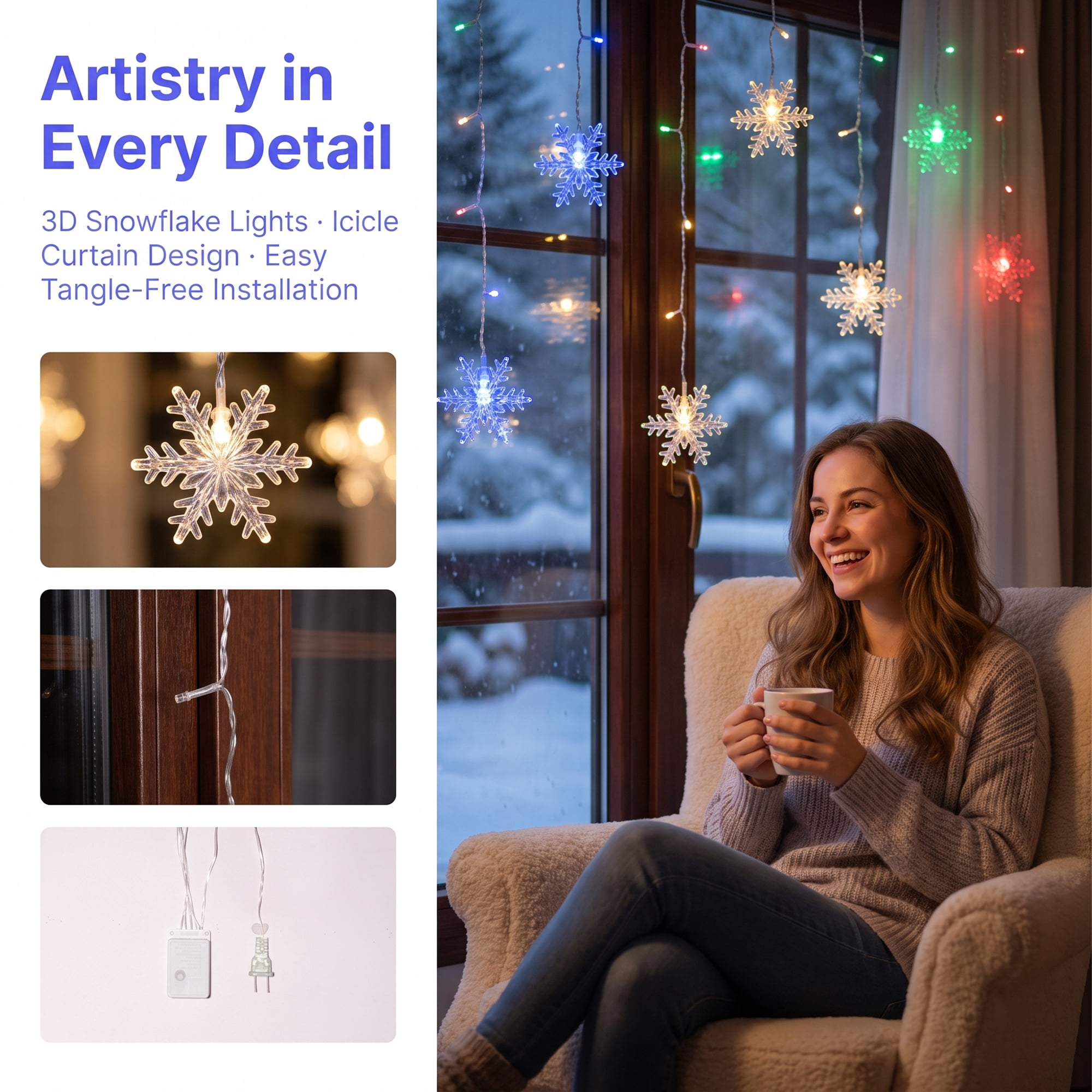 Unique Bargains 3D Snowflake Decor Lights for Indoor 3.5 ft Colorful US Plug In Powers