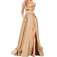 thumbnail image 5 of Quixlent Women Evening Dress Halter Neck Off Shoulder Satin High Split Sleeveless Backless Floor Length Cross Back Pockets Prom Wedding Party Bride Ball Gown, 5 of 8