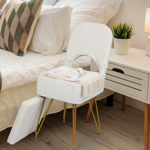 White Teddy Velvet Storage Ottoman with Backrest, 2‑in‑1 Vanity Stool & Storage Bench with Gold Metal Legs, 300lbs Capacity