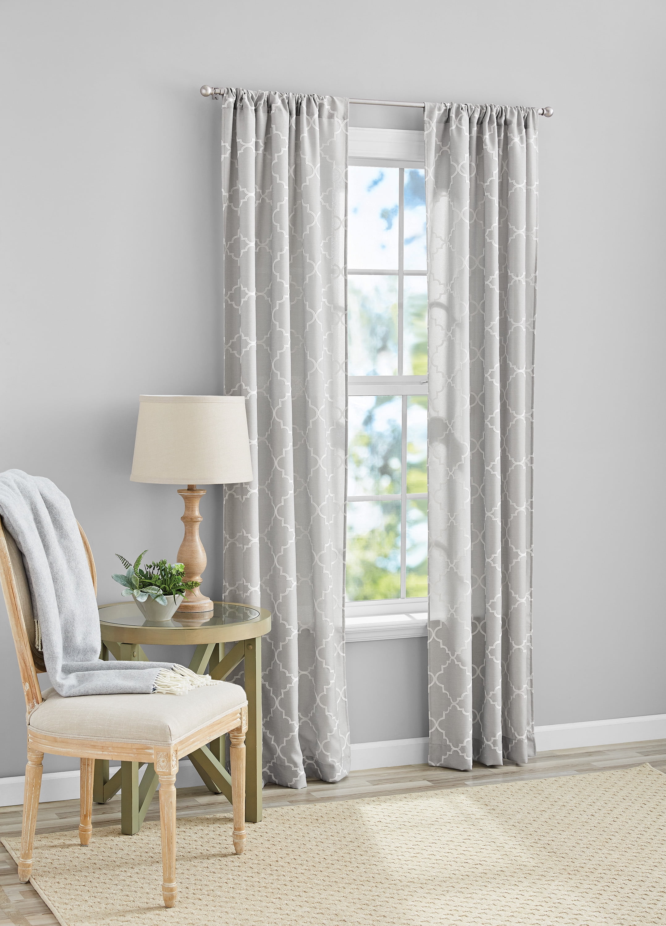 Mainstays Heathered Embroidered Sheer Curtain Panel Pair, Set of 2, Silver, 37"W x 84"L