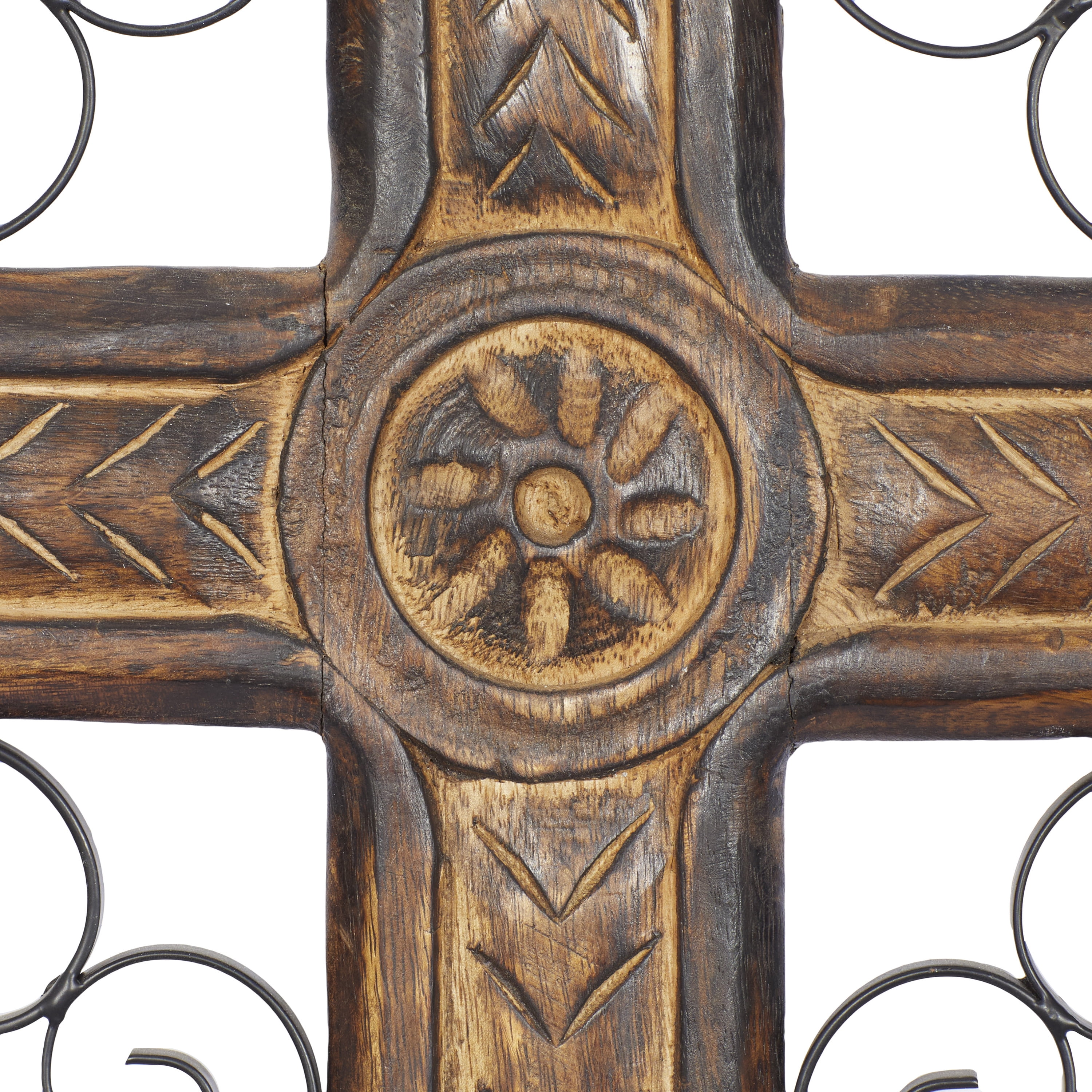 DecMode Brown Mango Wood Carved Cross Cross Wall Decor with Metal Scrollwork