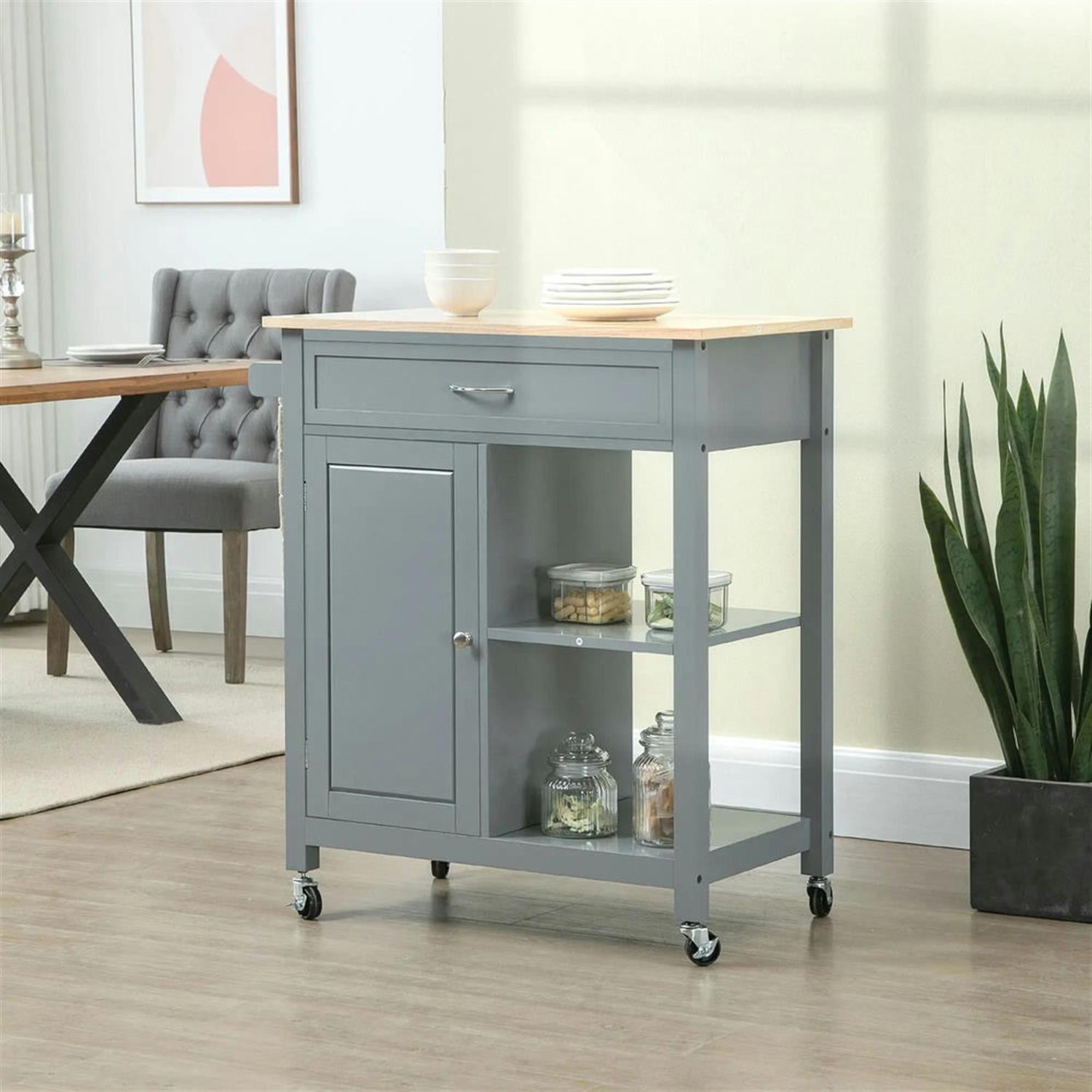 Demi Bonn 34" Kitchen Island Cart on Wheels with Storage Shelf, Rolling Dining Room Serving Utility Carts Mobile Movable with Wood Top and Drawer, Gray