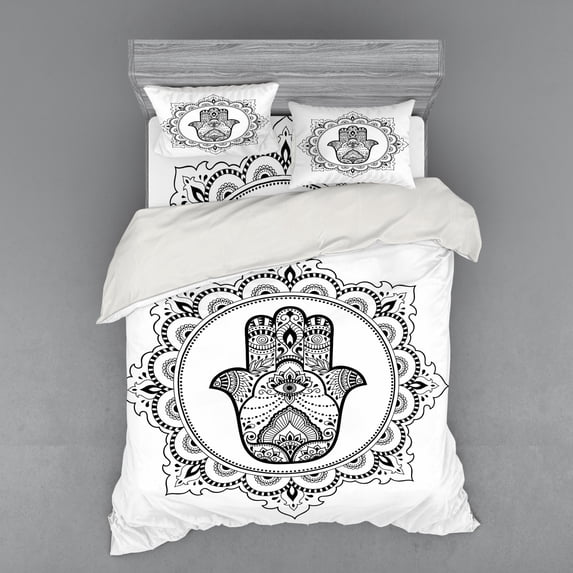 Ambesonne Hamsa Bedding Set 4 Pcs, Ornamental Mandala Oriental, Queen, White Black