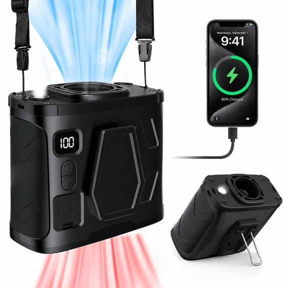 Crenova 10000mAh Rechargeable Clip-On Waist Fan - 30H Cooling, 5 Speeds, Wearable Hands-Free Fan & Power Bank for Outdoor/Indoor Use (Black)