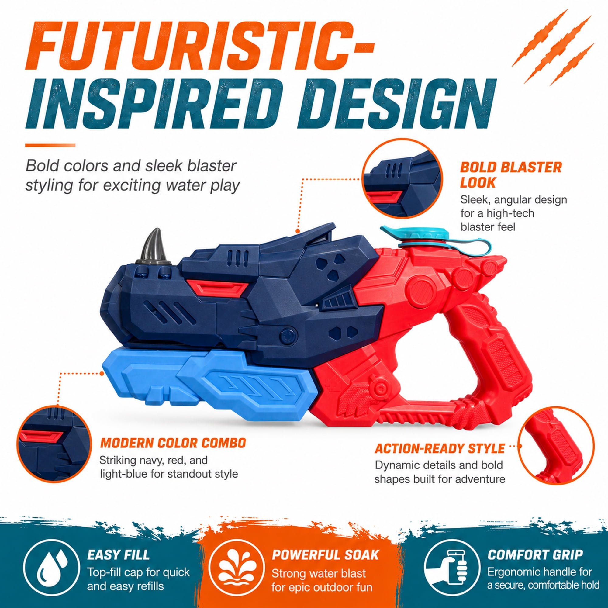 Kids Pump Action Water Blaster Toy, 13 Inch Outdoor Squirt Toy for Pool, Beach, Backyard Summer Play, Ages 3+