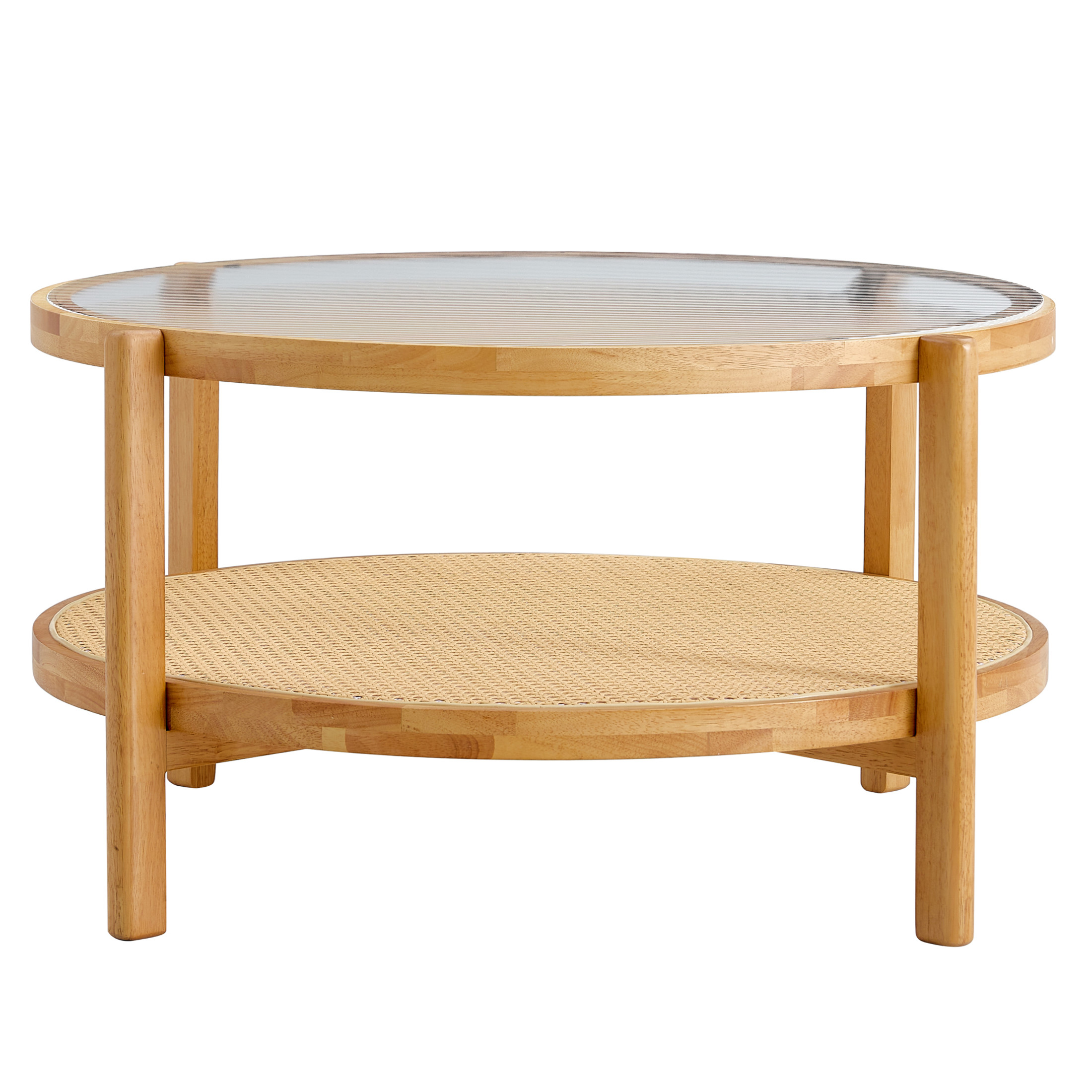 Noble House Double-Layer Round Tea Table, Solid Wood with Striped Glass Top & Rattan Shelf Coffee Table, Natural