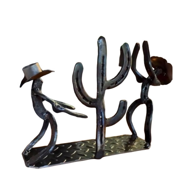 Estante de Botella de Vino Occidental Cactus Vaquero Vintage Metal Pantalla de Mesa, Titular Negro Decorativo para Cocina Y Encimera, Decoraciones de Bar para Espacios Y Regalos Temáticos para el Hoga