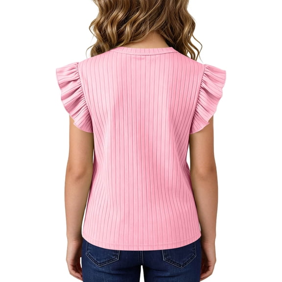 Mooqilaa Girls T Shirts with Flutter Sleeve, Casual Short Sleeve Crew Neck Kids Summer Tops Pink Size 10-12