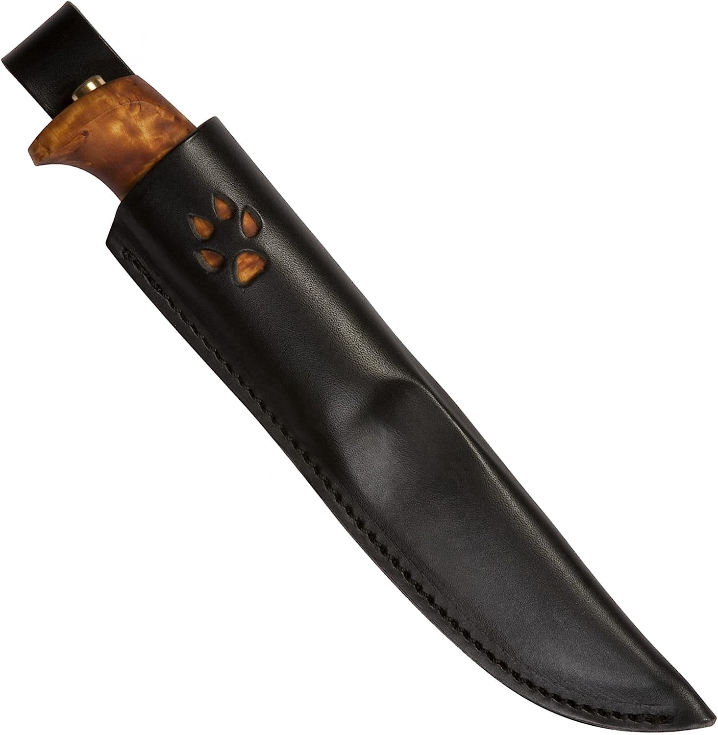 HELLE Knives - Gaupe - H3LS Fixed Blade - Curly Birch Wood Handle - Leather Sheath - Traditional Field Knife for Camping, Fishing, Hunting - Triple Laminated Stainless Steel