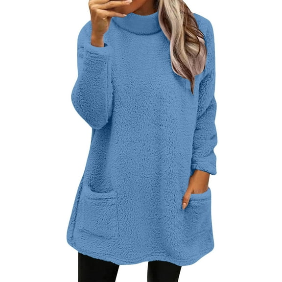Mock Neck Sweaters Women Fuzzy Sherpa Fleece Tunic Tops Long Sleeve Plain Pullover Sweatshirt with Pockets (XL, Blue)