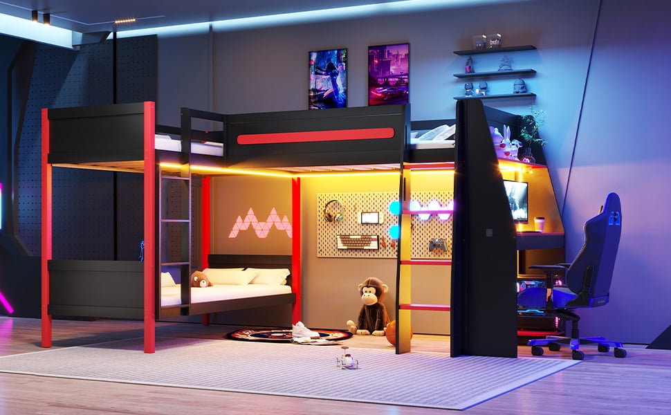 Mintazer L-Shaped Twin Gaming Bunk Bed with LED Lights & Desk and Storage Shelves, Triple Bunk Bed with Ladder & Guardrails for Dorm Bedroom, Black & Red