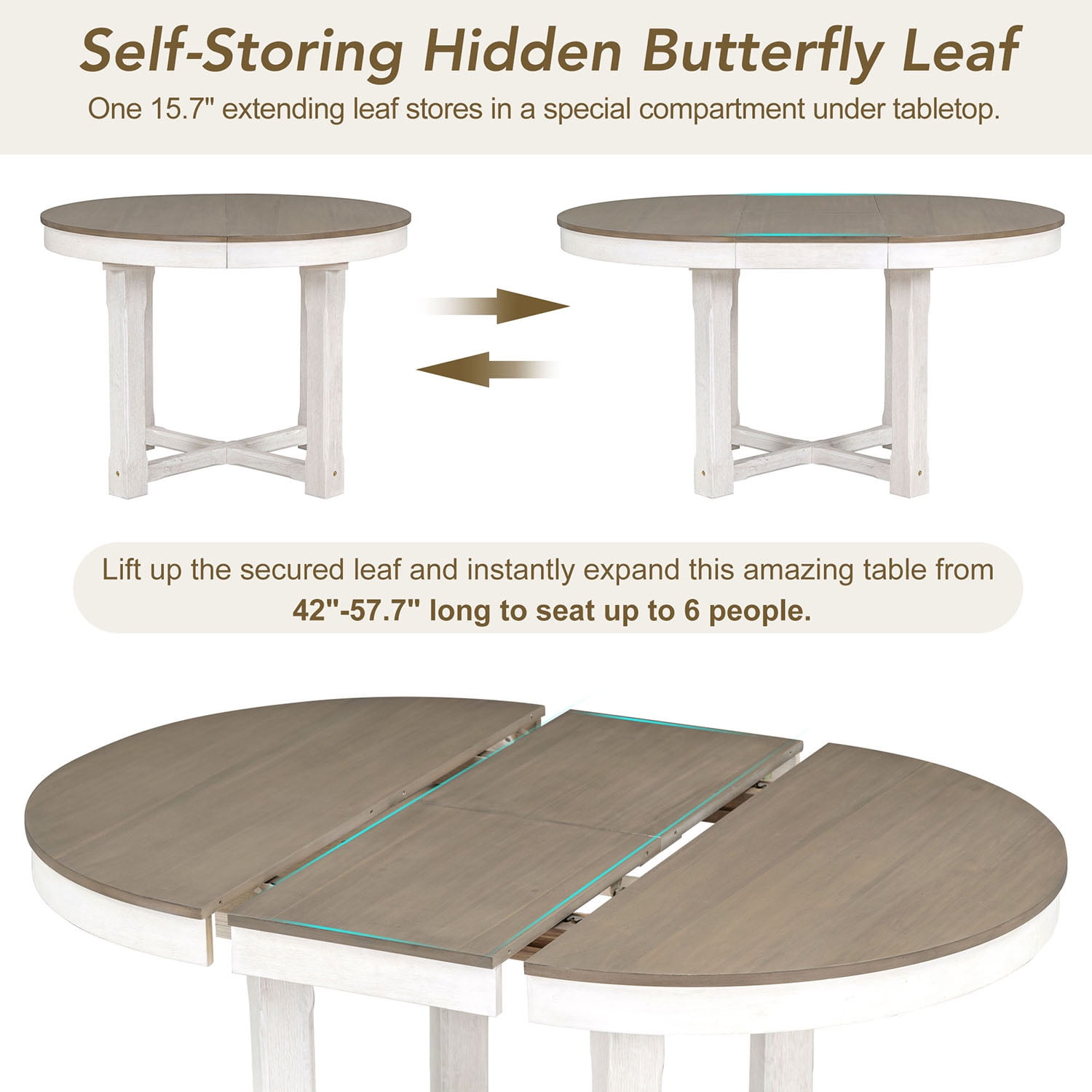 Kadyn 5-Piece Dining Table Set, 4 Upholstered Dining Chairs with Armrests, Extendable Butterfly Leaf Wood Dining Table, Brown+White