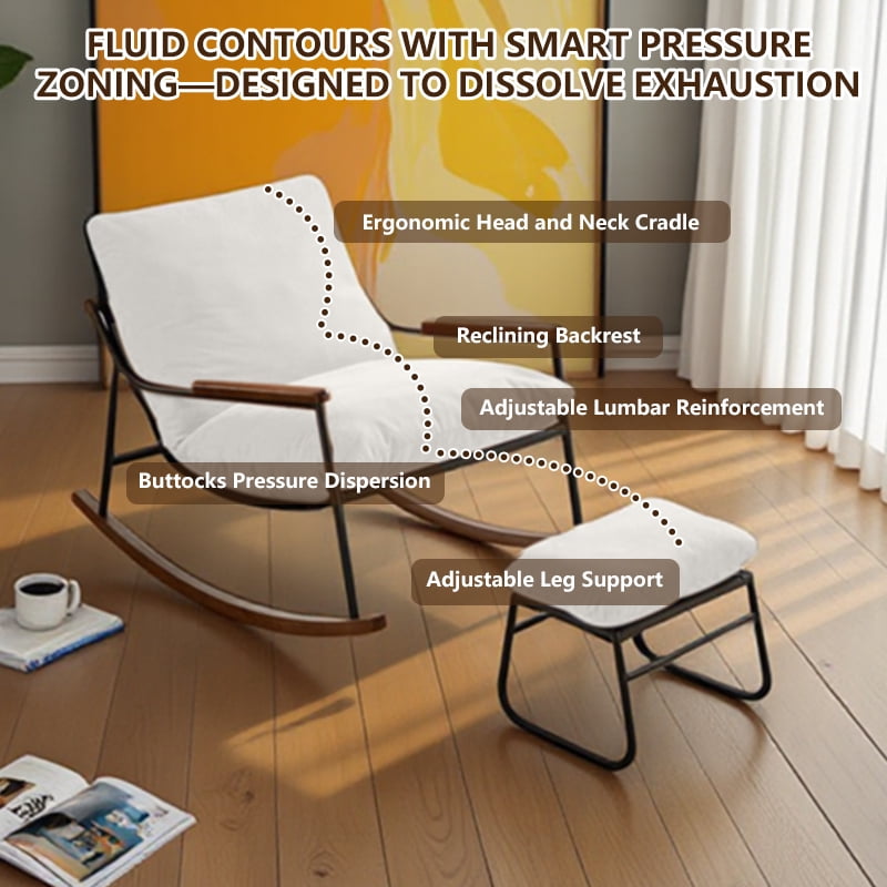 Rocking Chair with Footrest,Recliner Chair with Soft Cusion and Backrest,Solid Wood Glider Rocking Chair with Arm,Lounge Chair for Living Room, Bedroom,Office,White