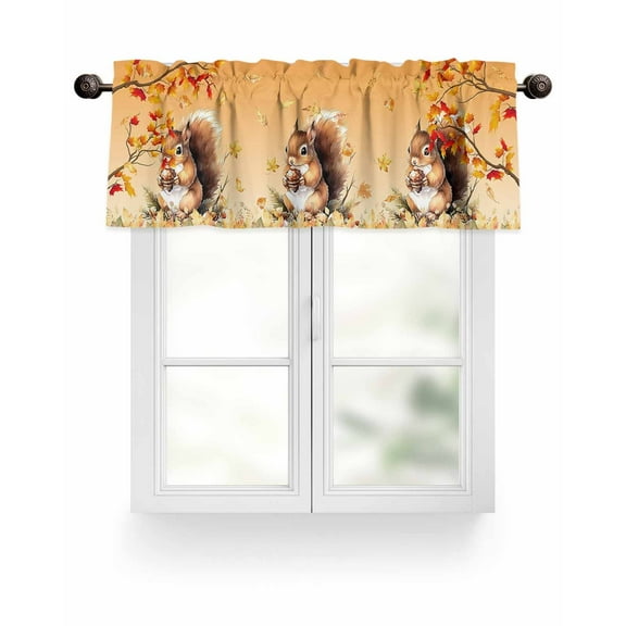 Orange Fall Thanksgiving Kitchen Valances for Windows Brown Squirrel Maple Leaves Valance Curtains for Kitchen /Living Room/Bedroom/ Bathroom Decor, 42"x12 " ,Rod Pocket 1 Panel,