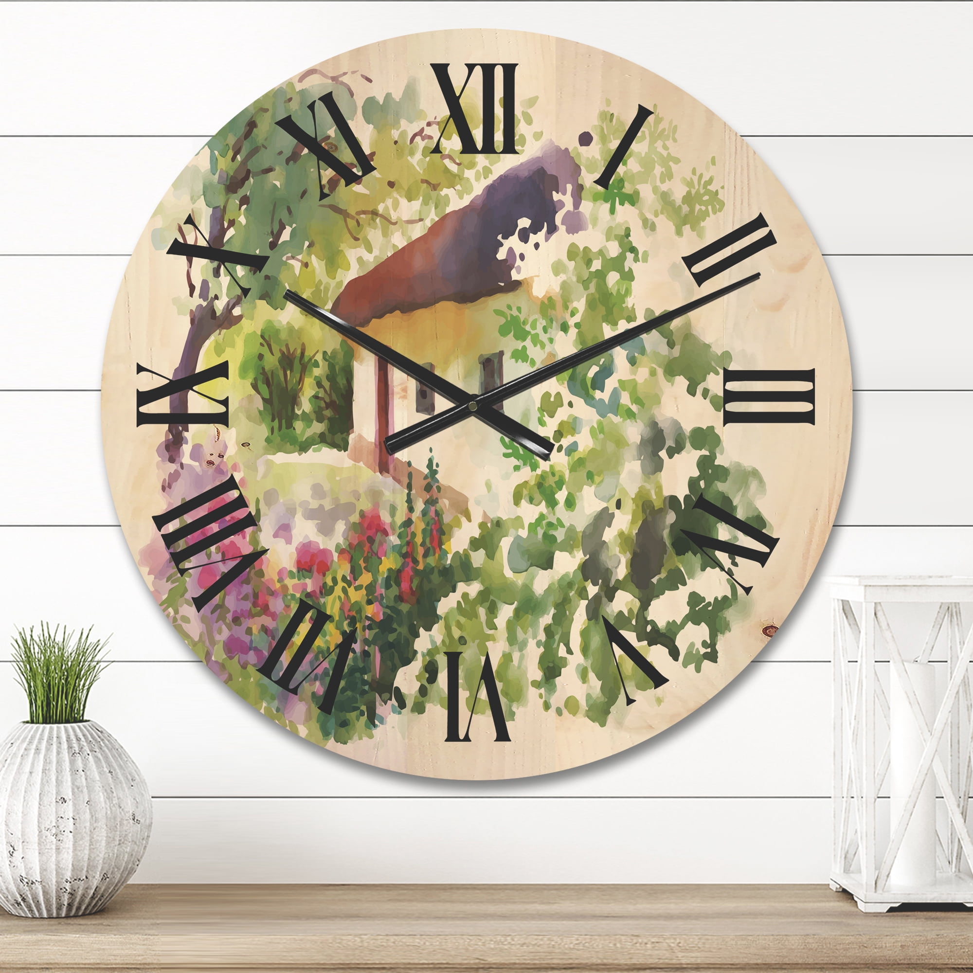 Designart 'Rural Village House On A Green Summer Day' Traditional Wood Wall Clock