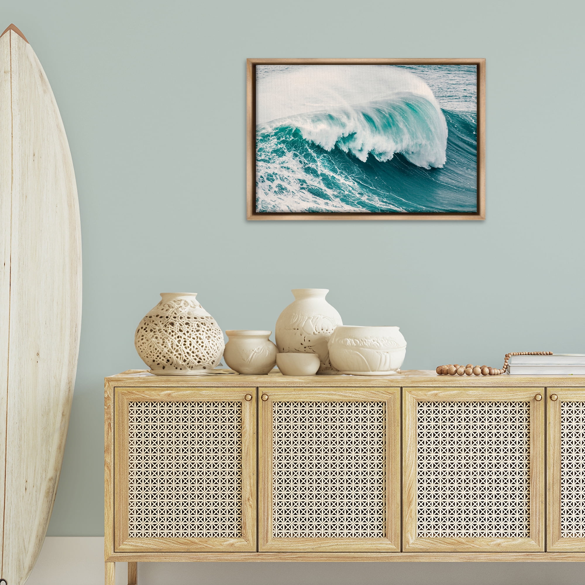 Stupell Industries Large Breaking Wave Nautical & Beach Photography Brown Floater Framed Canvas Art Print Wall Art, 31 x 21