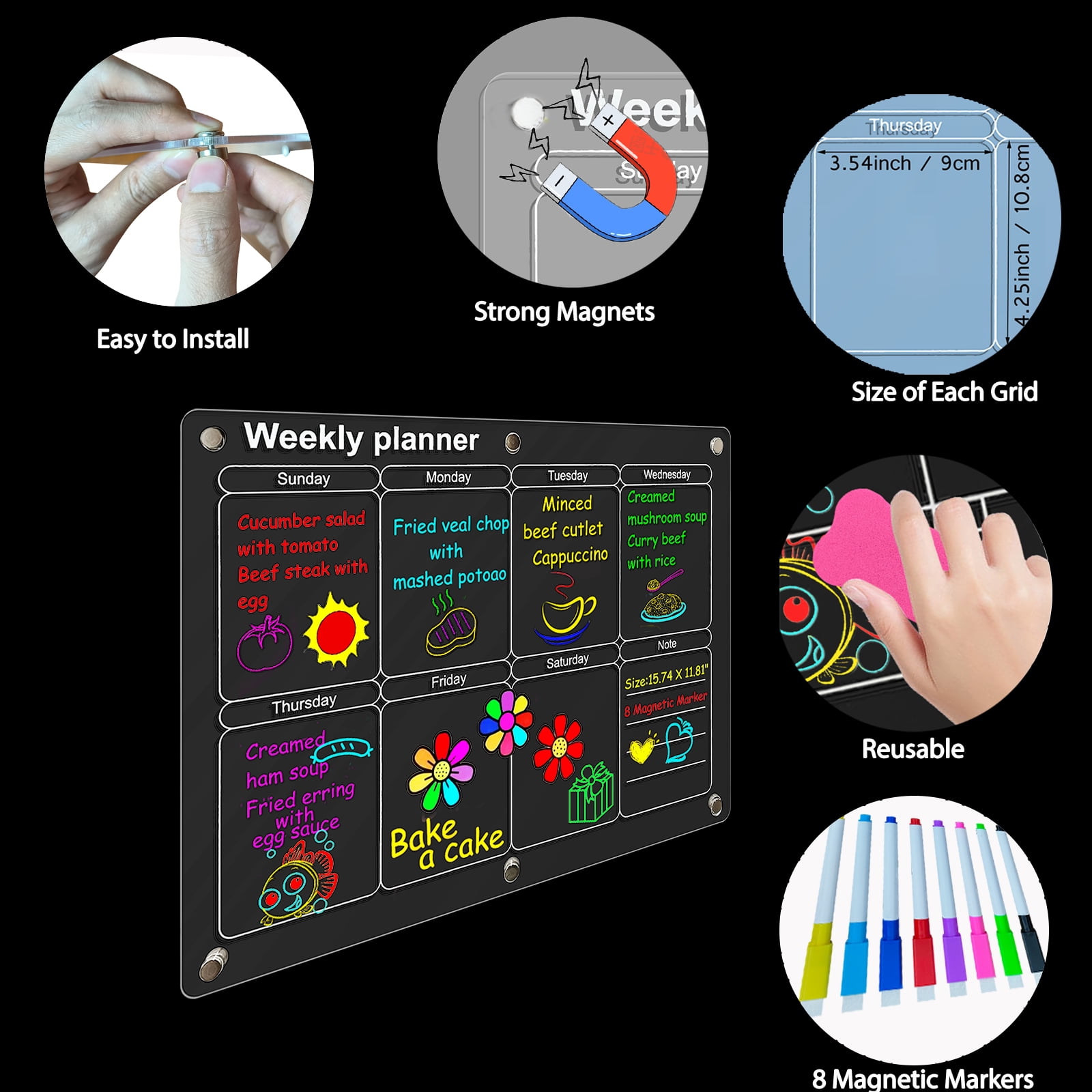 Acrylic Magnetic Dry Erase Board for Fridge for Wall for Magnets，2-Pack 15.74" X 11.81" Clear Planning Boards - Monthly Calendar + Weekly Calendar，Meal Planner, Kitchen Menu Planner Reminder