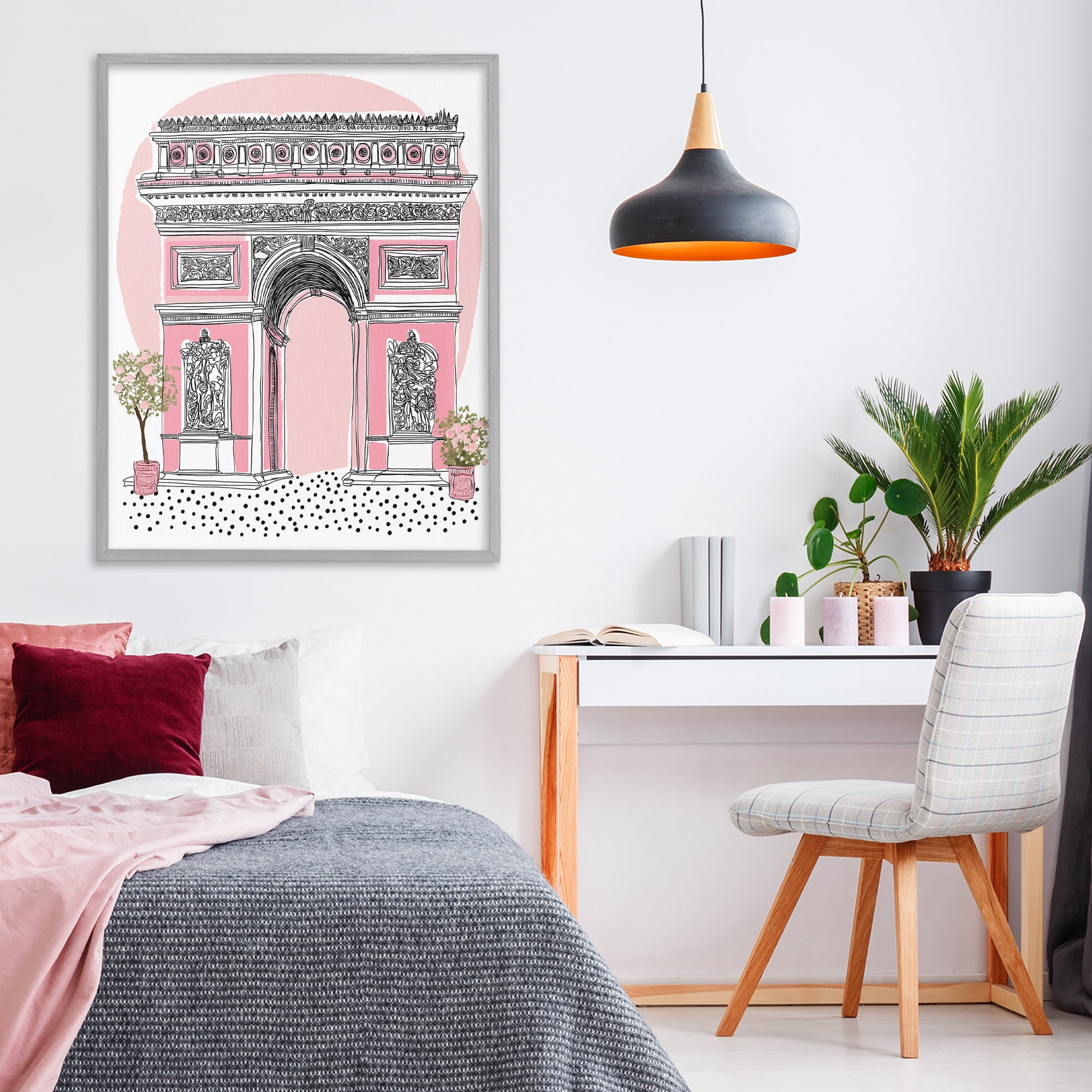 Stupell Industries Pink Neoclassical Archway Gray Framed Giclee Art, design by Jess Stempel