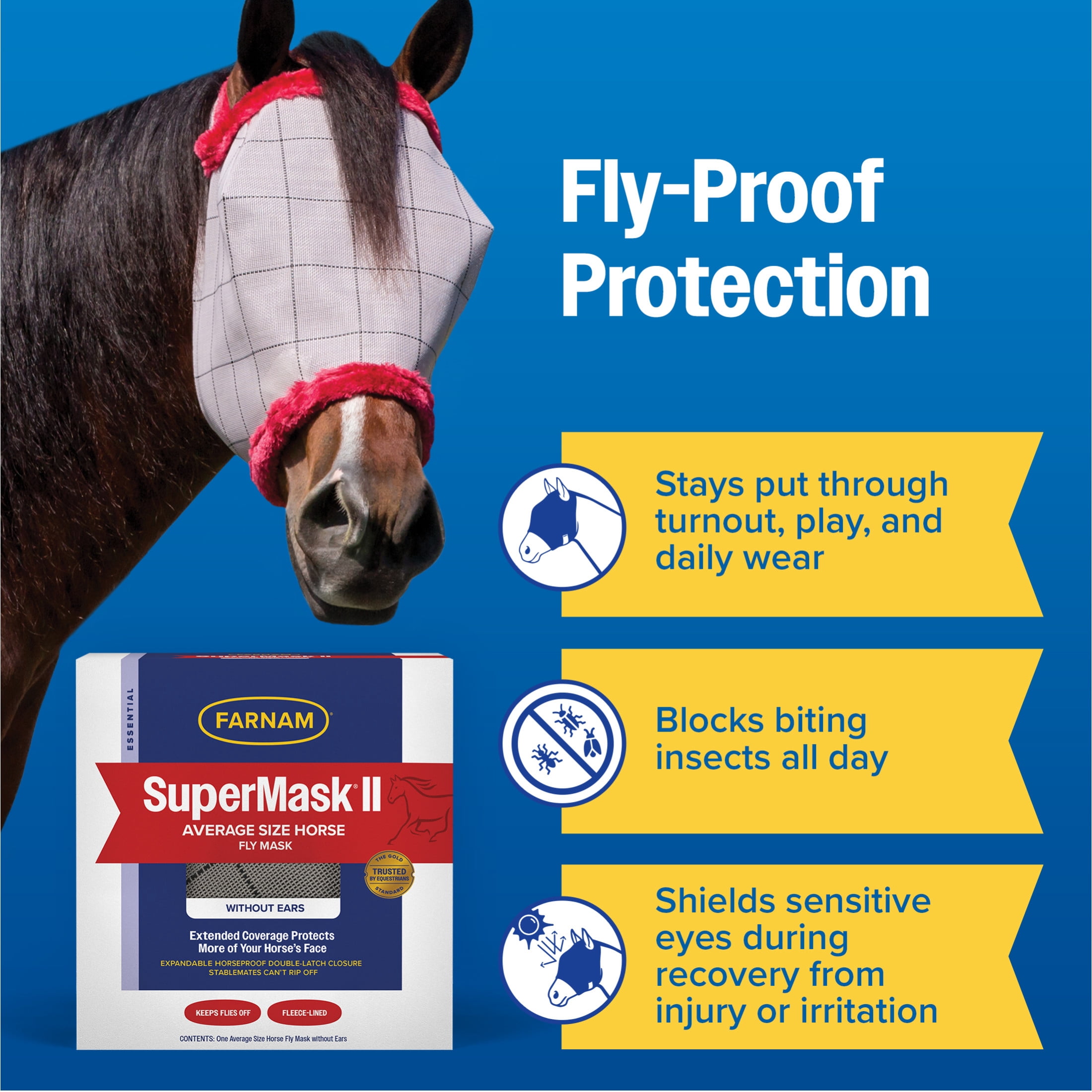 (3 pack) Farnam SuperMask II Horse Fly Mask Without Ears, Protects Eyes from Flies, Debris & UV, Average Size